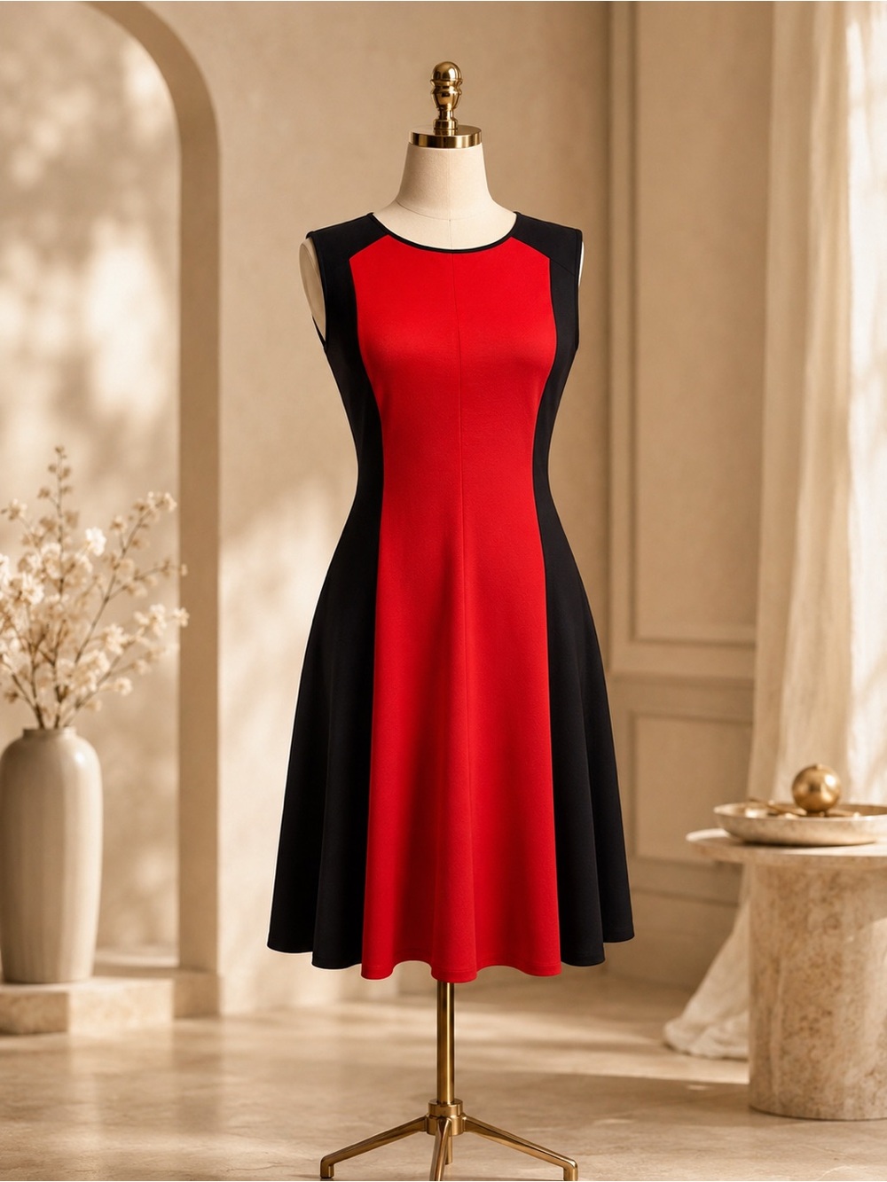 Sleeveless Red and Black Fit-and-Flare Dress - Medium